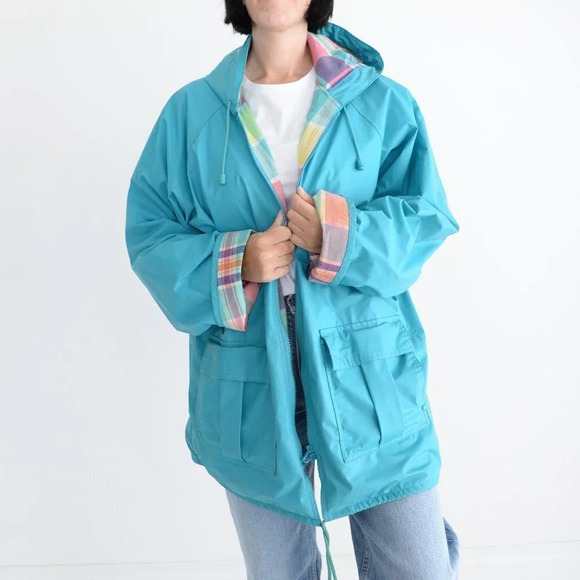 Vintage Sequence Teal Rain Jacket with Rainbow Lining Size  20 - Picture 2 of 15